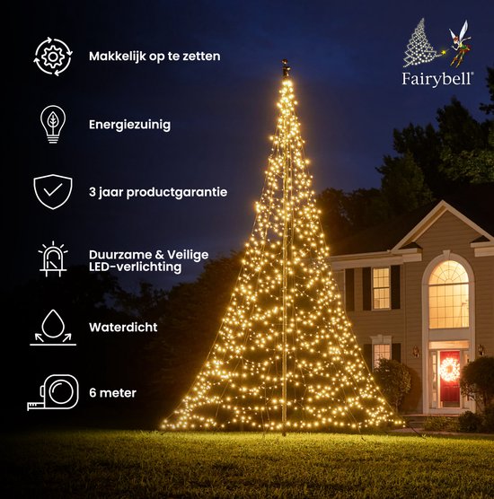 Fairybell® Vlaggenmast Kerstboom 6 Meter – 1200 LED Warm Wit – Buitenverlichting