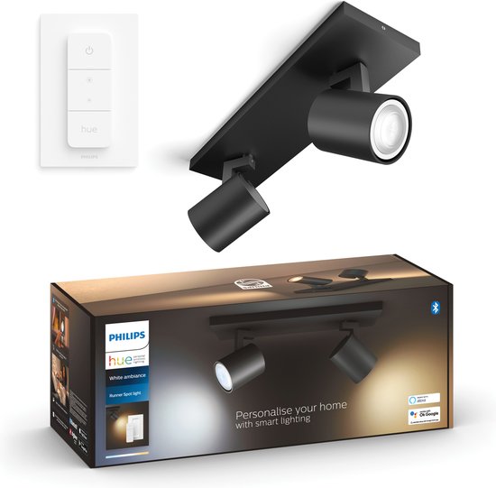Philips Hue Runner holofote de superfície - luz branca quente a fria - 2 focos - preto - 1 interruptor dimmer - GU10