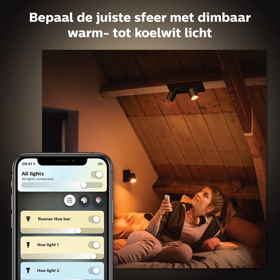 Philips Hue Runner holofote de superfície - luz branca quente a fria - 2 focos - preto - 1 interruptor dimmer - GU10