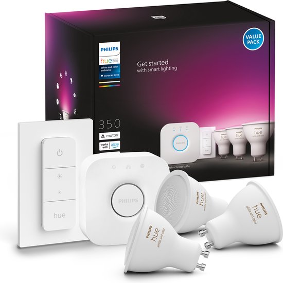 Kit de démarrage Philips Hue - lumière blanche et colorée - 3 ampoules - GU10 - 1 variateur de lumière