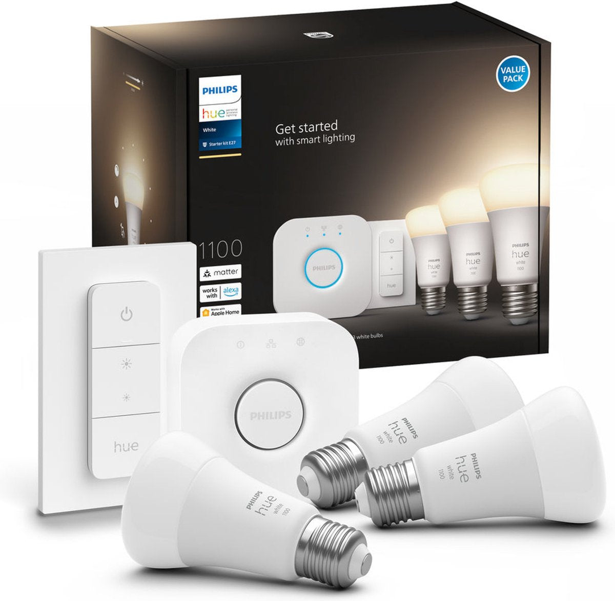 Kit inicial Philips Hue - Branco - 3 lâmpadas - E27 - 1100lm - 1 interruptor dimmer