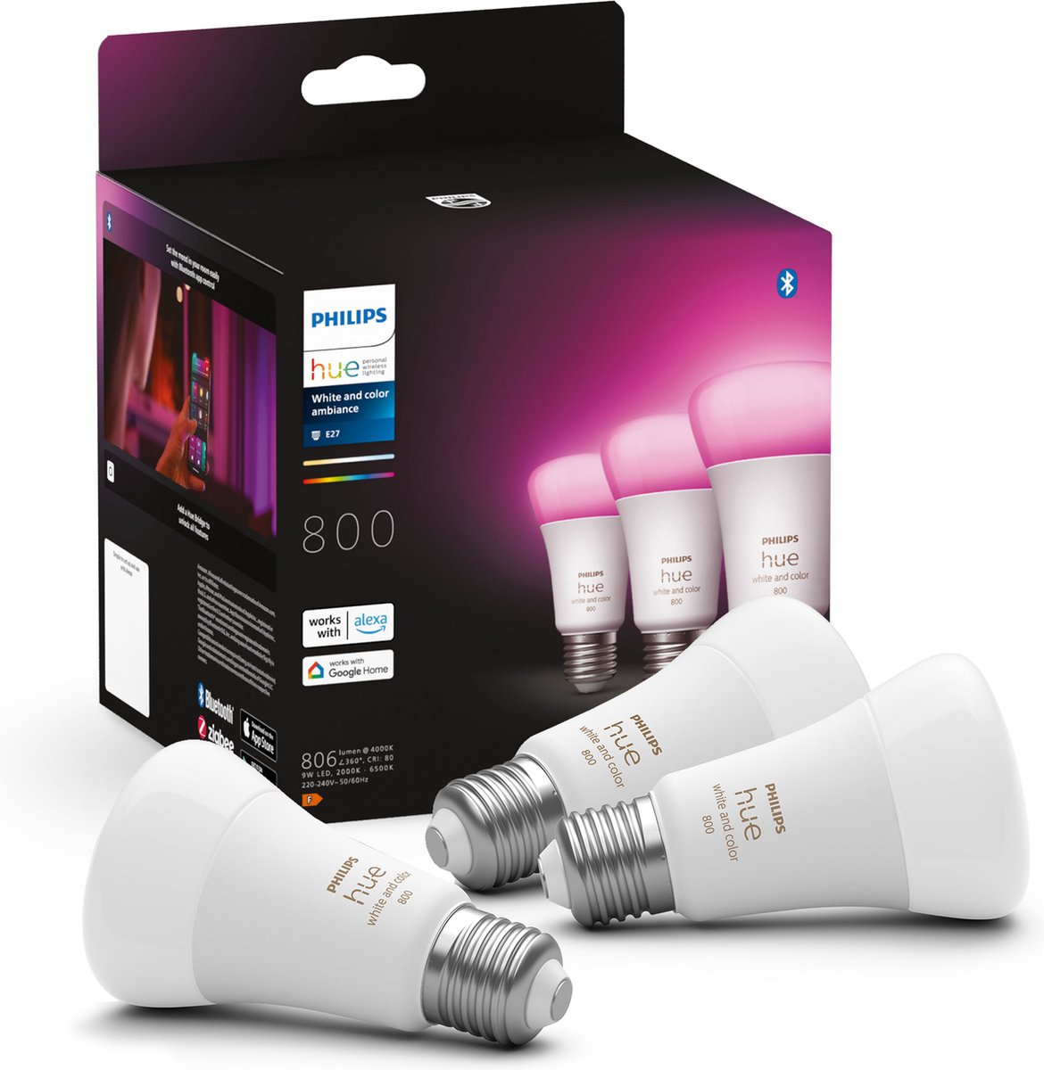 Philips Hue White e Color Ambiance E27 800 lúmens Bluetooth (pacote com 3)