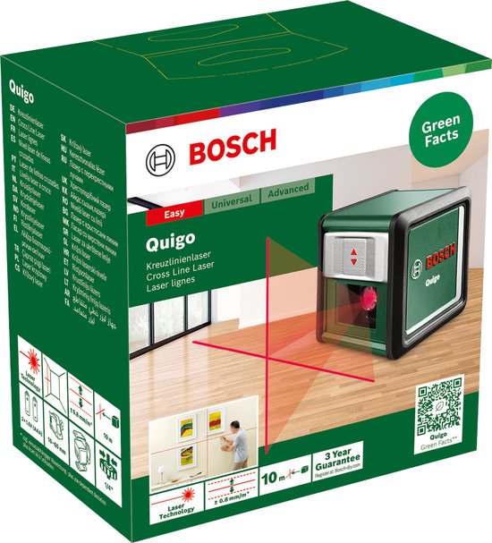 Bosch Quigo III - Kreuzlinienlaser - Inkl. Universalklemme MM2 - Adapterplatte - Batterien