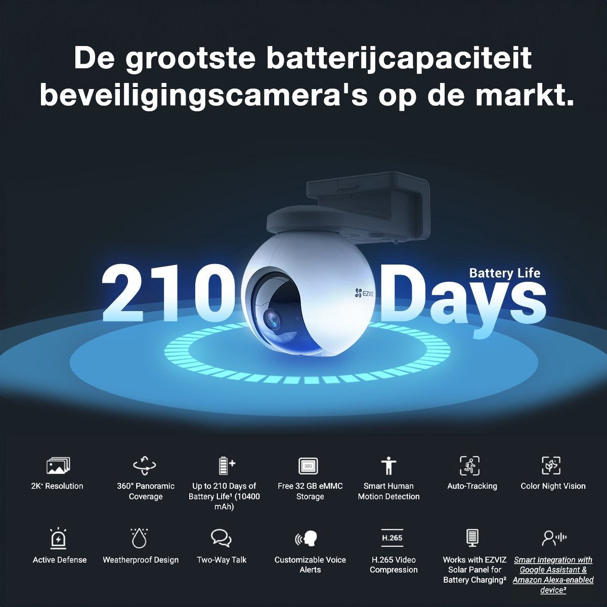 Ezviz HB8 2K+ Caméra de sécurité - Caméra autonome sur batterie - Caméra d'extérieur - Pan/Tilt Zoom - 2K - Auto tracking - Wifi - Blanc