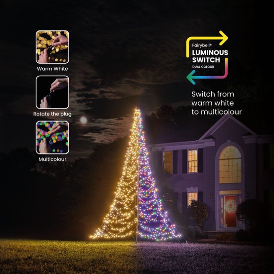 Fairybell® Vlaggenmast Kerstboom 4m – 1500 LED (Warm Wit & Multicolor)