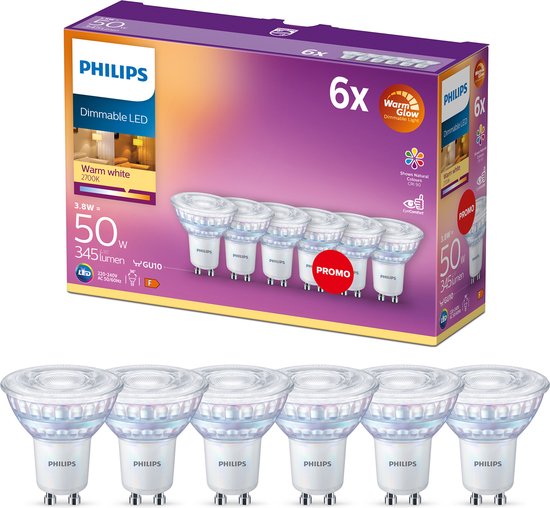 Philips LED Spot de baixo consumo de energia - 50 W - GU10 - Luz branca quente regulável - 6 peças