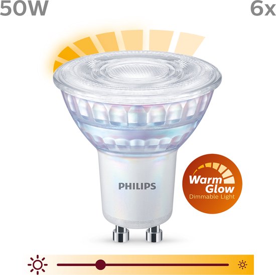 Philips LED Spot de baixo consumo de energia - 50 W - GU10 - Luz branca quente regulável - 6 peças