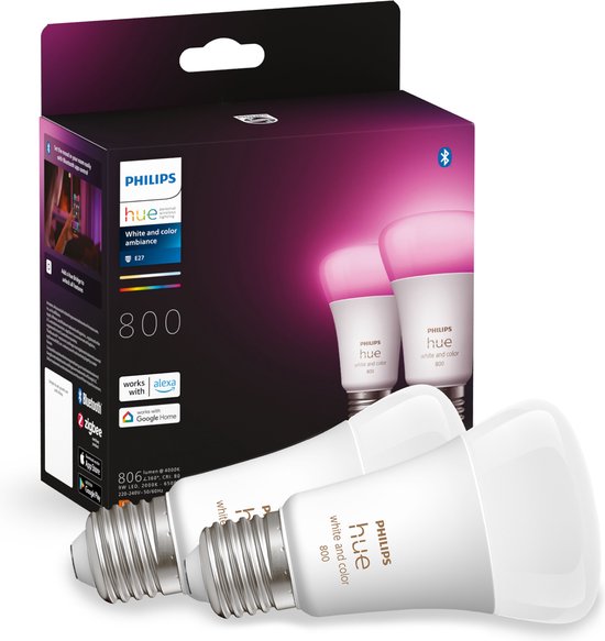 Philips hue E 27 Duopack - wit en gekleurd licht - 6.5W - Bluetooth - 2 Stuks