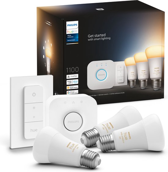Kit de démarrage Philips Hue - White Ambiance - 3 ampoules - E27 - 1100lm - 1 variateur de lumière