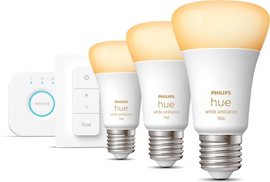 Kit de démarrage Philips Hue - White Ambiance - 3 ampoules - E27 - 1100lm - 1 variateur de lumière