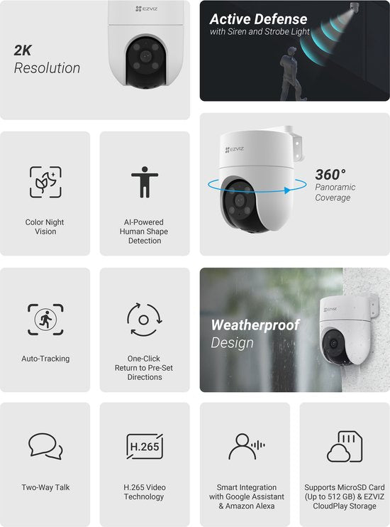 Ezviz H8C Beveiligingscamera - 2K - Pan/Tilt Zoom - Kleur Nachtzicht - 360° - MicroSD Card - Buitencamera - Wit